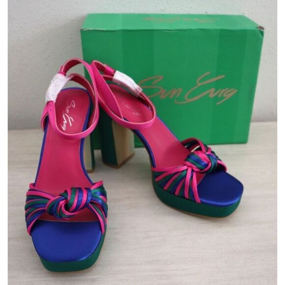 Sun Gurg Women's Sz 8 Hot Pink Open Toe Ankle Strap Platform Chunky Heel Sandals - Picture 1 of 12